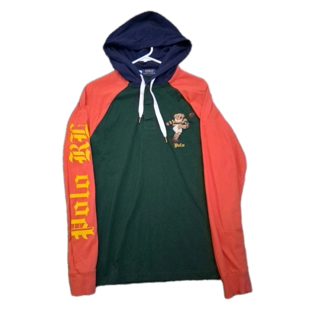 POLO Ralph Lauren Teddy Bear Rugby Hoodie Colorblock Shirt M 90s Y2K